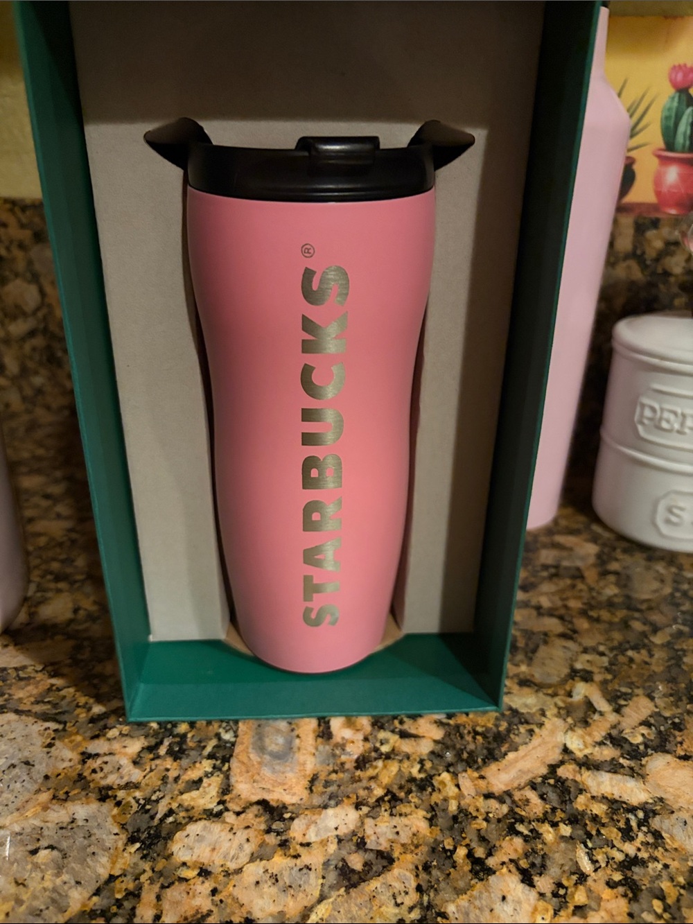 Starbucks Pink Tumbler with Metallic Logo and Black Lid